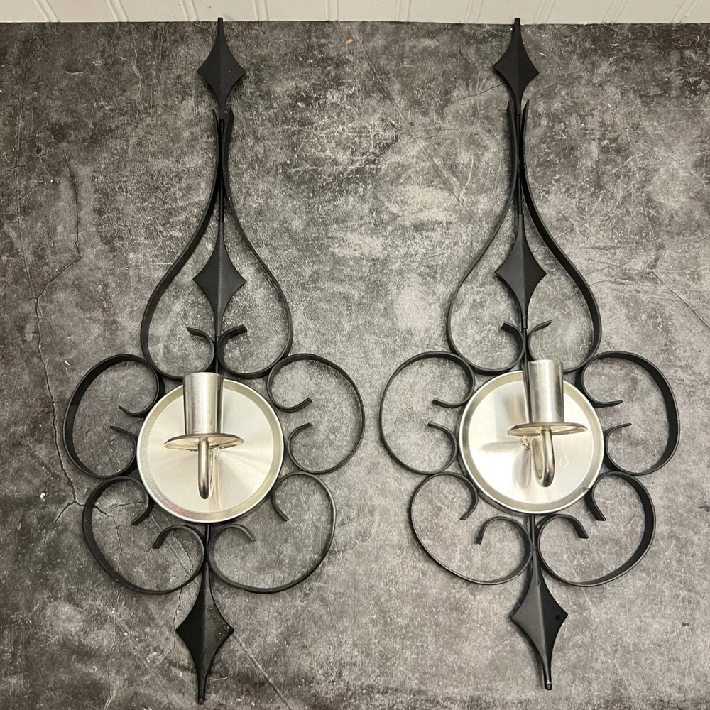 Vintage Mid-Century Modern Black & Chrome Scrollwork Candle Wall Sconce Pair